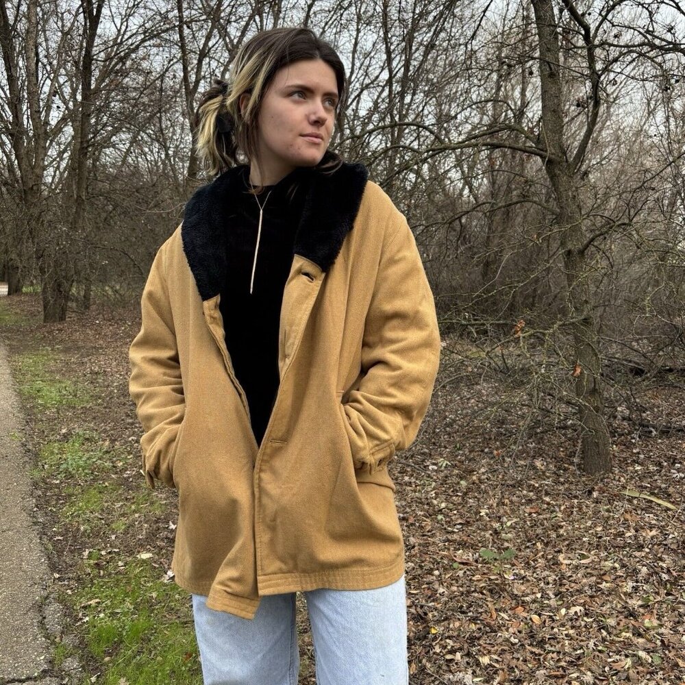 Vintage Women’s Faux Fur Collar Coat L Gold Tan Long Hobo Loose Fur Lining